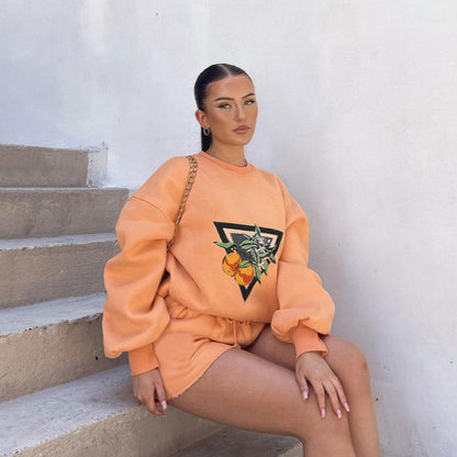 Ensemble sweat-shirt et shorts sport féminin avec impression créative Chic und Stil