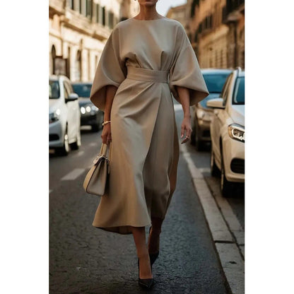 Dames Élégante Robe Maxi avec Manches Amples et Ceinture Cintrée Chic und Stil