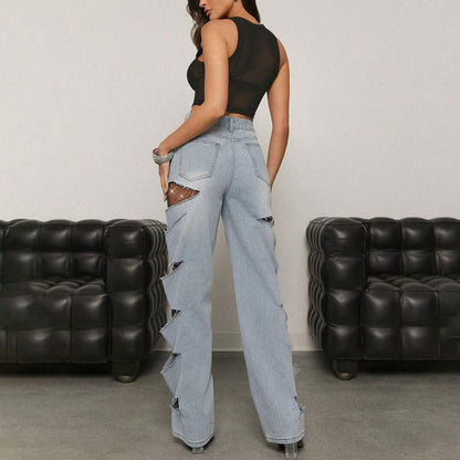 Dames Jeans à coupe ample avec des découpes raffinées et des détails en maille Chic und Stil