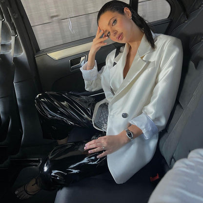 Dames Élégant ensemble blazer avec pantalons brillants Chic und Stil