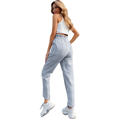 Pantalon taille haute à carreaux pour femmes avec taille élastique et détails de bouton classiques Chic und Stil