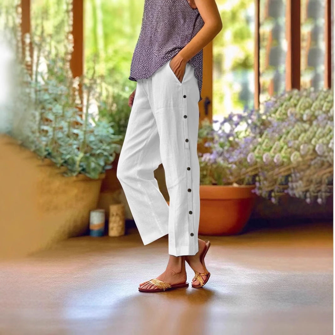 Comfortable linen pants for women with button details Chic and Style