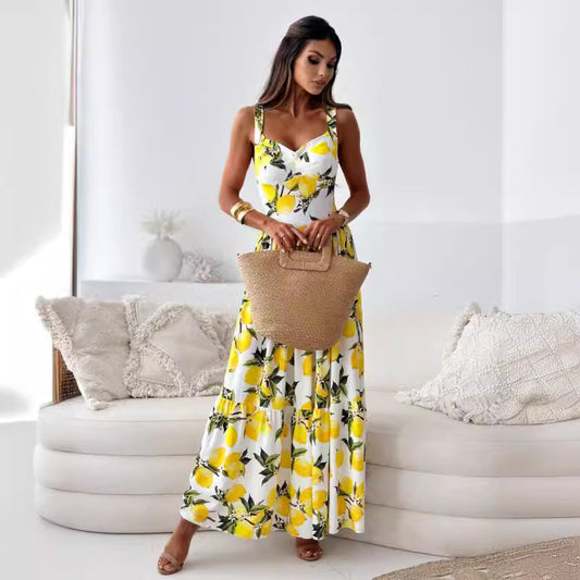 Chic and stylish lemon print high slit maxi dress for women