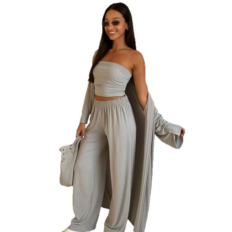 Women's elegant 3-piece set with wide pants and fitted top Chic and Style