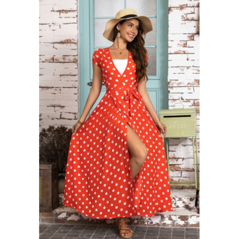 Robe maxi portefeuille à pois pour femmes avec taille nouée Chic und Stil
