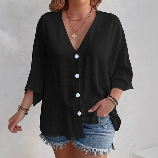 Blouse à manches courtes avantageuse pour dames avec patte de boutonnage et décolleté en V Chic und Stil