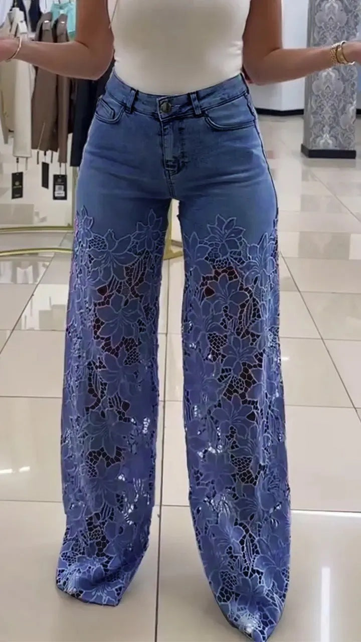 Dames Élégantes et florales Jeans Taille Haute Chic und Stil