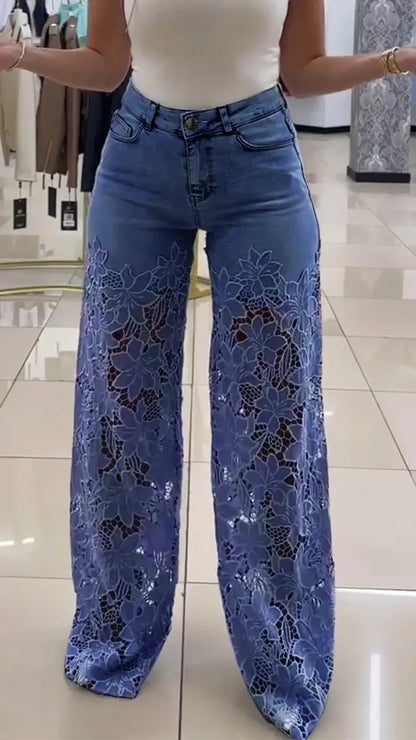Dames Élégantes et florales Jeans Taille Haute Chic und Stil
