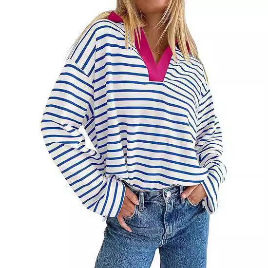 Pull d'été décontracté à rayures pour femmes avec décolleté en V et manches longues Chic und Stil