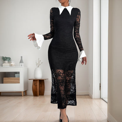 Robe midi élégante en dentelle pour femmes avec col contrasté Chic und Stil