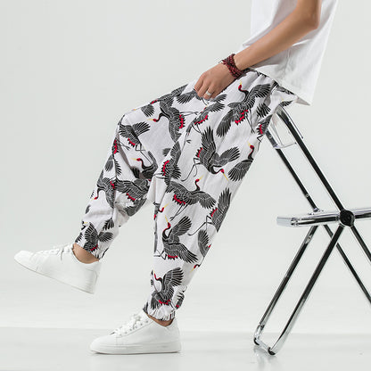 Casual and breathable men's harem pants with a unique crane pattern Chic and Style