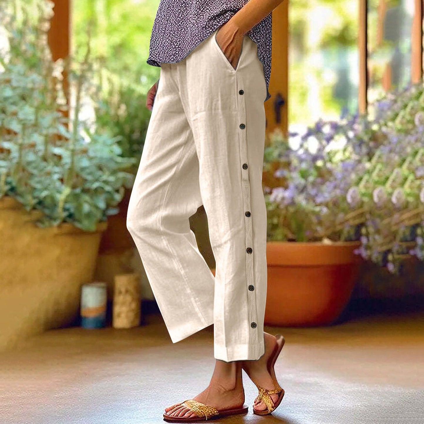 Casual linen pants for women with button details Chic and Style