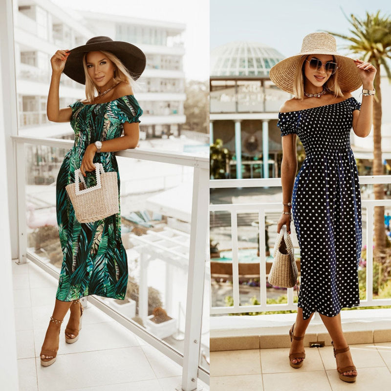 Robe maxi off-shoulder pour femmes avec des feuilles tropicales Chic und Stil