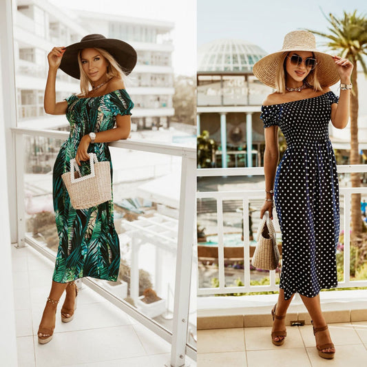 Robe maxi off-shoulder pour femmes avec des feuilles tropicales Chic und Stil