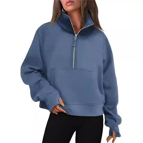 Dames pull-over mi-zip moelleux avec capuche et poche kangourou Chic und Stil
