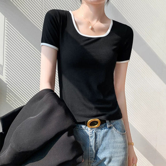 Haut à manches courtes carré élégant pour femmes Chic und Stil