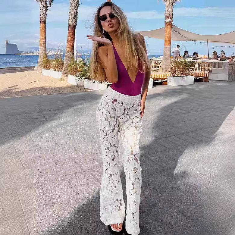 Elegant Lace Pants for Ladies with Wide Leg and Chic Floral Details