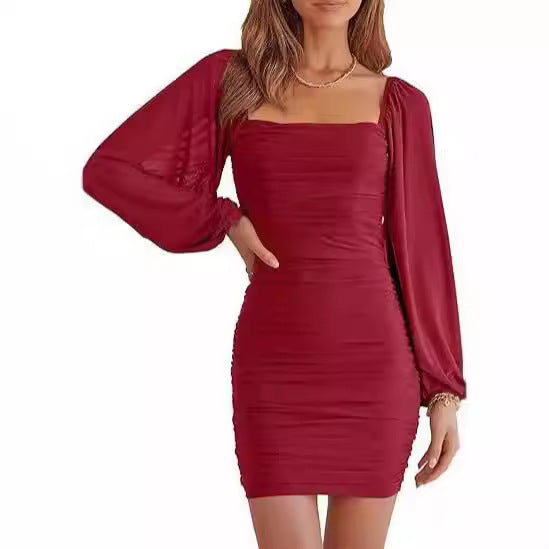 Dames Élégante Robe Mini avec Manches Bouffantes et Design Ruché Chic und Stil