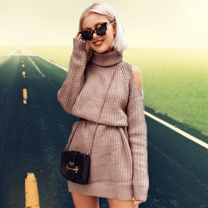 Robe en Maille à Manches Longues pour Femmes avec Col Montant et Design d'Épaule Découverte Chic und Stil