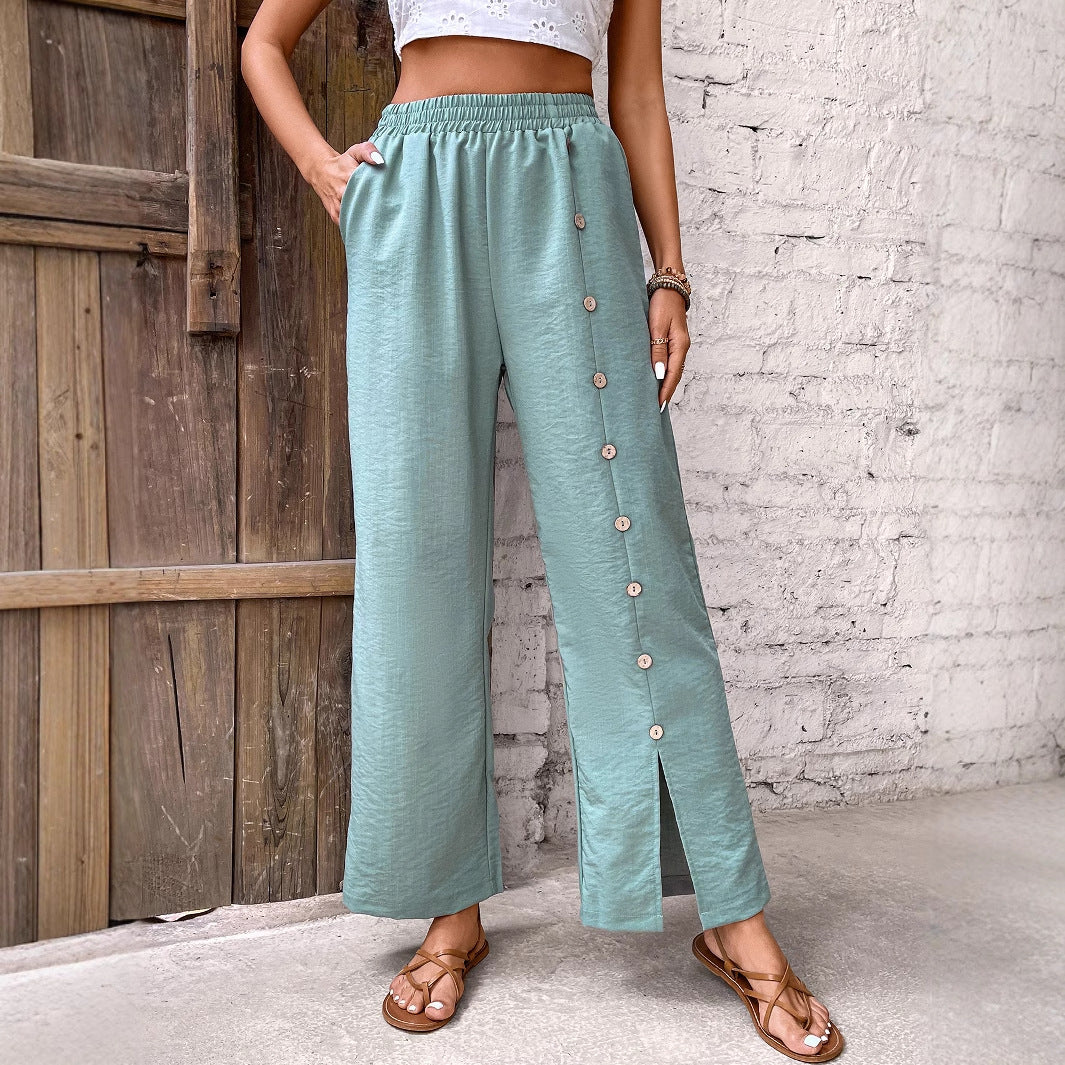 Wide palazzo pants for women with side button details and elegant slit Chic und Stil