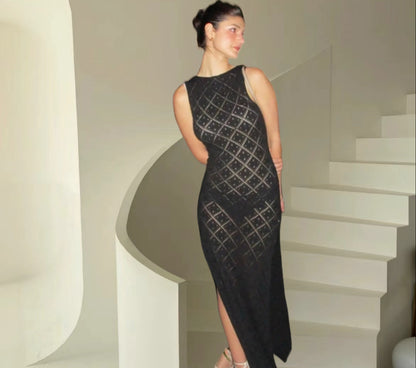 Robe maxi pour dames avec tissu en losanges décoratif et fente latérale Chic und Stil