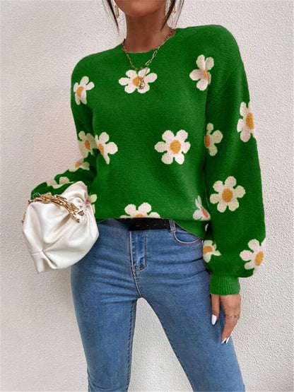 Pull en tricot pour femmes avec un motif floral ludique et des manches bouffantes élégantes Chic und Stil