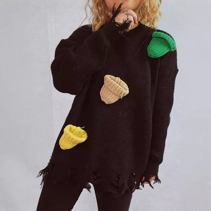 Pull over-sized décontracté pour femmes avec des détails frangés et des appliques colorées Chic und Stil