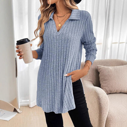 Trendy women's V-neck pullover shirt with collar Chic and Style