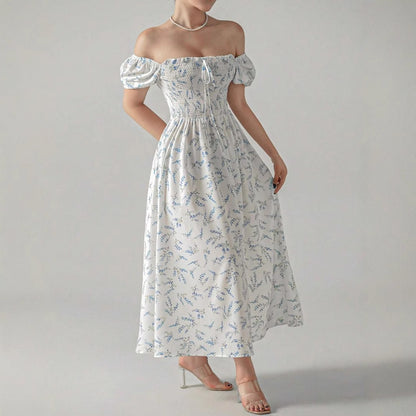 Dames Fleurs Manches Puff Maxi Robe Chic und Stil