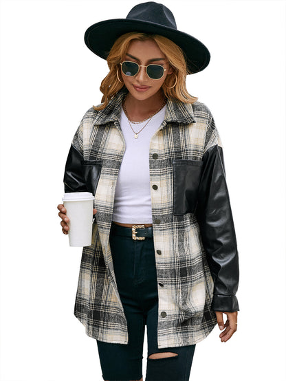 Chemise overshirt pour femmes avec manches en simili cuir et motif à carreaux Chic und Stil