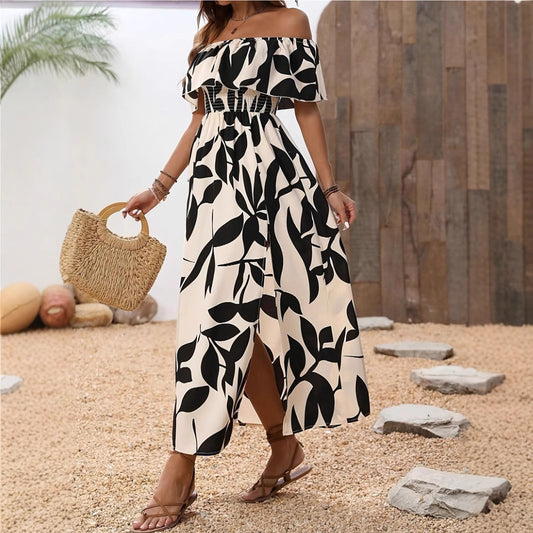 Robe maxi longue off-épaule pour dames avec motifs floraux et ceinture élastique Chic und Stil