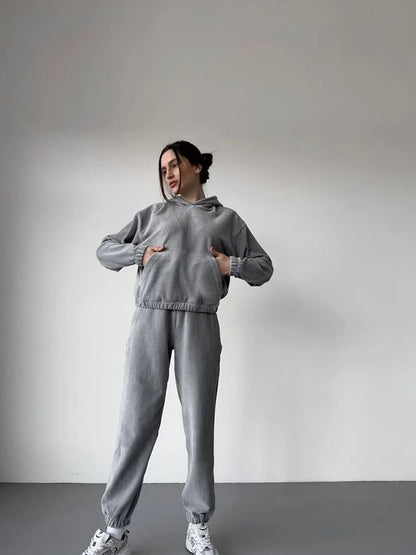 Dames doux ensemble à capuche en cordon avec taille élastique Chic und Stil