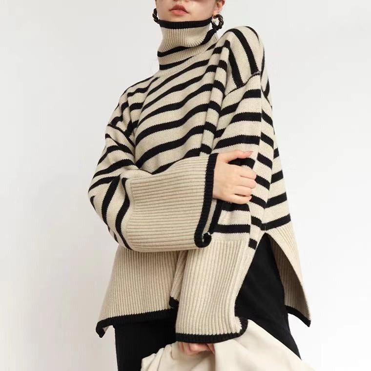 Pull en tricot décontracté pour femmes avec des rayures colorées et un col montant Chic und Stil