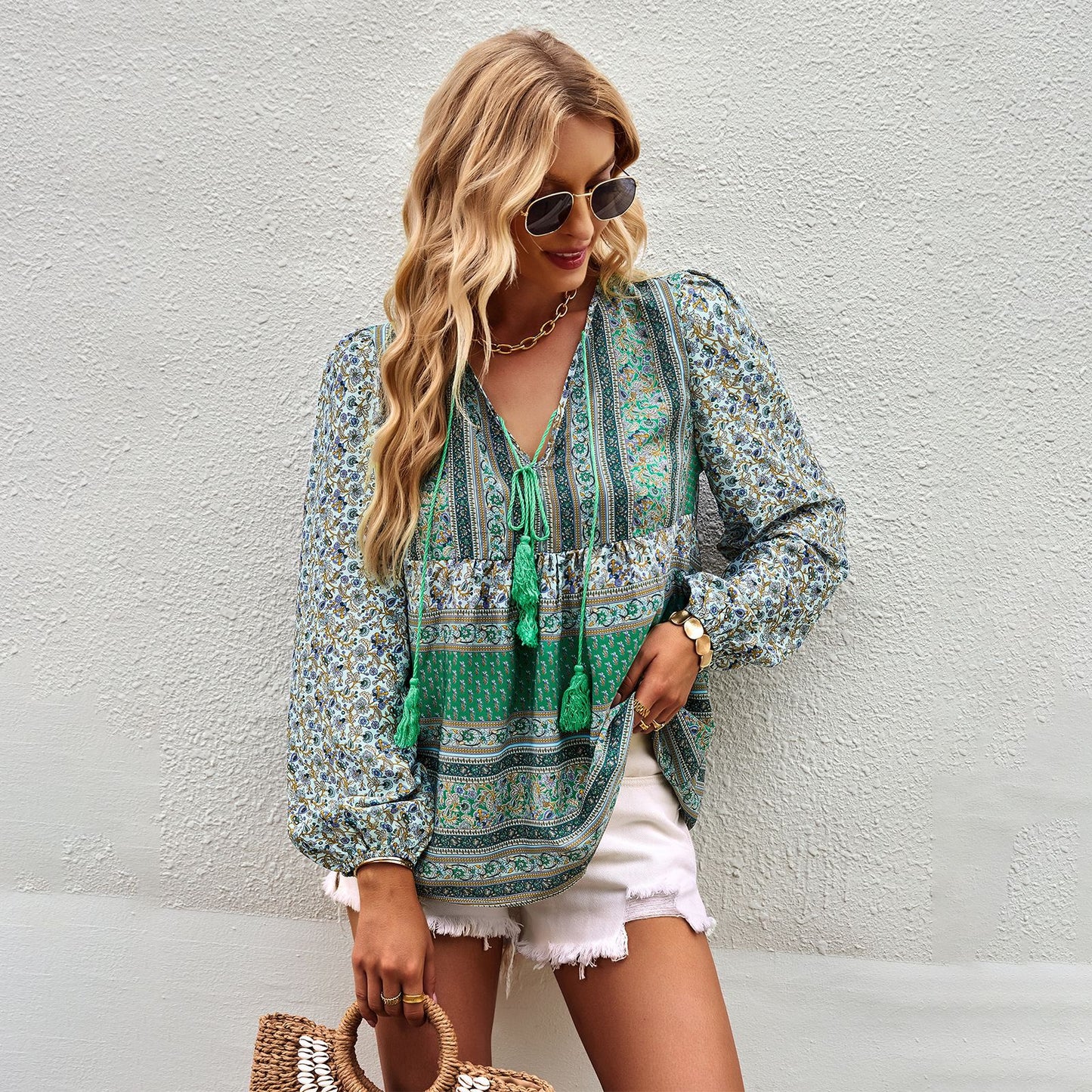 Airy feminine blouse with trendy boho pattern and elegant ruffle details Chic und Stil