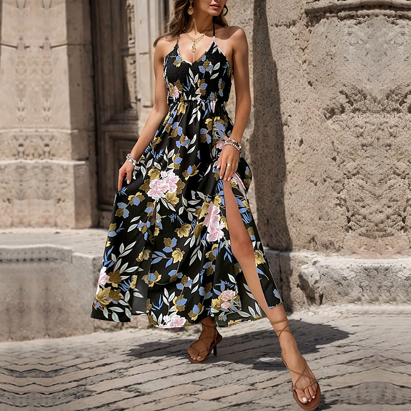 Robe maxi à imprimé floral pour femmes avec fente haute et bretelles spaghetti réglables Chic und Stil