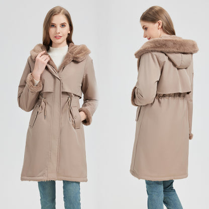 Dames élégant et chaud parka avec col en fausse fourrure amovible et détails de lacets pratiques Chic und Stil