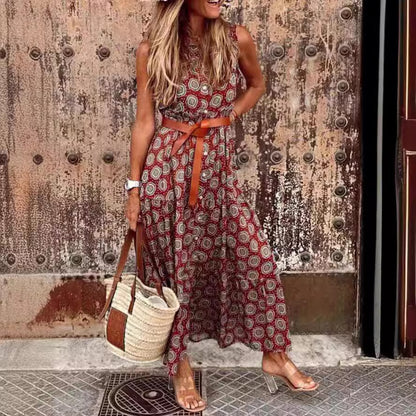 Robe maxi bohémienne pour femmes avec ceinture à la taille et motif floral Chic und Stil