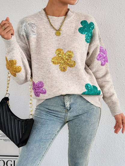 Pull en tricot pour femmes avec des appliqués de fleurs scintillants Chic und Stil