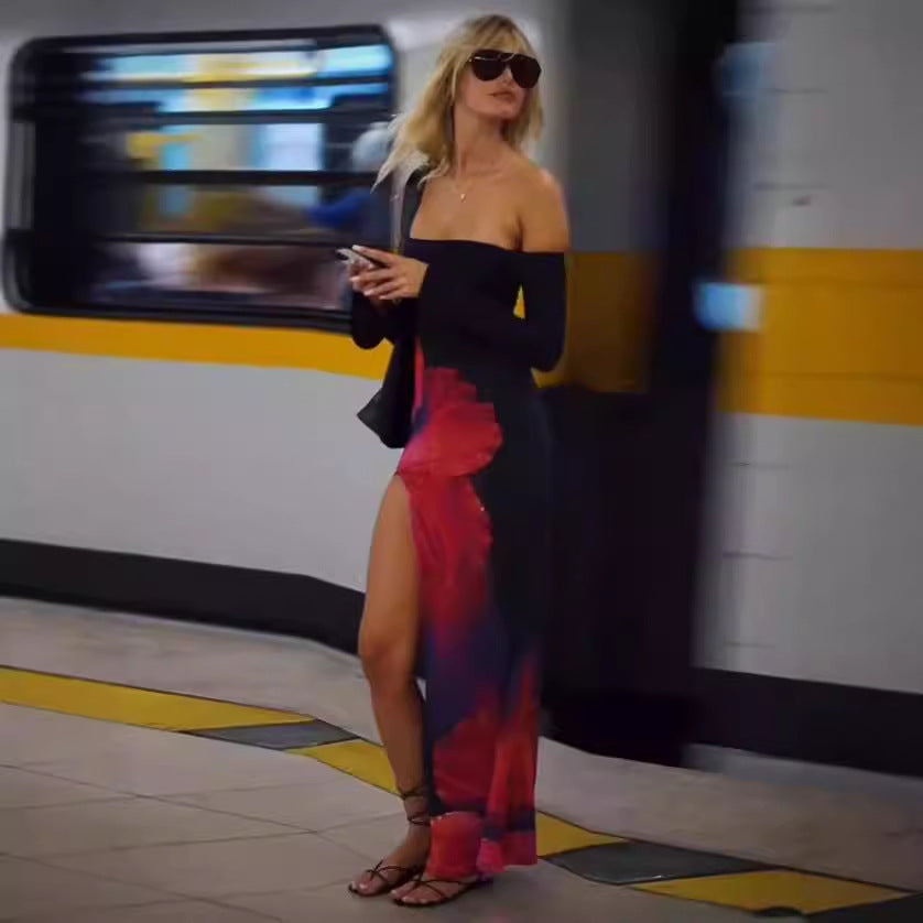 Robe maxi off-shoulder pour femmes avec imprimé floral et fente haute Chic und Stil