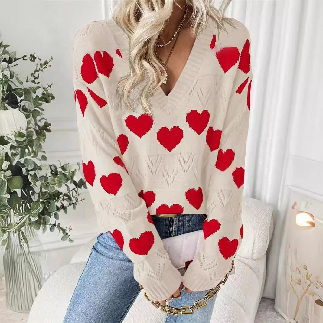 Pull femme en peluche avec motif en forme de cœur et décolleté en V Chic und Stil