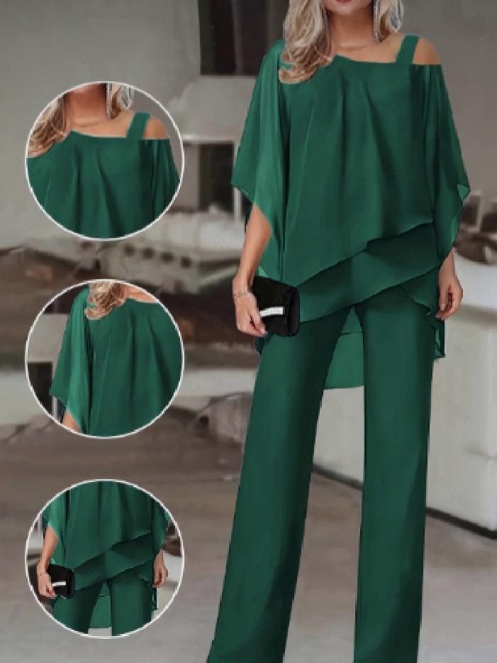 Dames Ensemble Élégant Deux Pièces avec Haut Fluide et Pantalon Évasé Chic und Stil