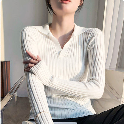 Pull en maille côtelée pour femmes avec col et décolleté en V Chic und Stil