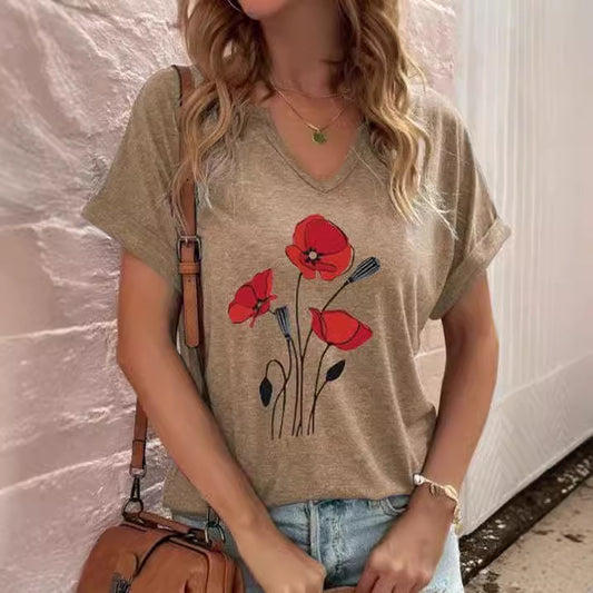 T-shirt décontracté pour femmes à imprimé floral en V Chic und Stil
