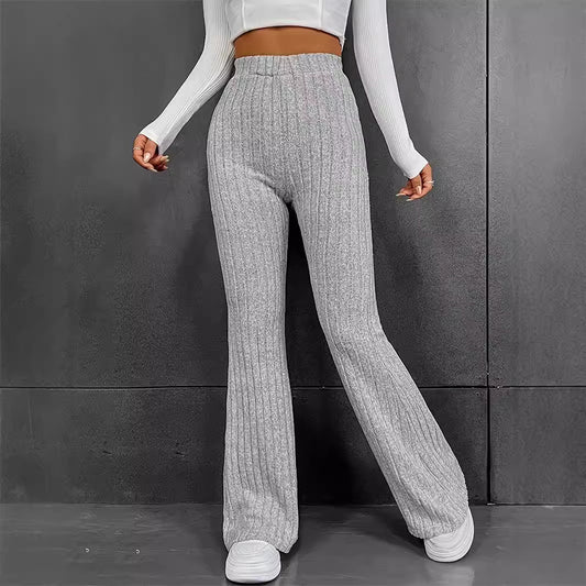 Ladies Comfortable Flared Knit Pants with High Waist and Ribbed Structure Chic and Style
