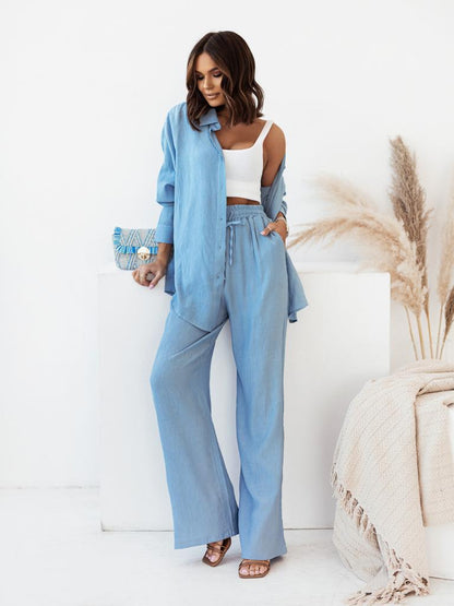 Lightweight two-piece women's set consisting of a shirt and pants with a knot at the waist Chic und Stil