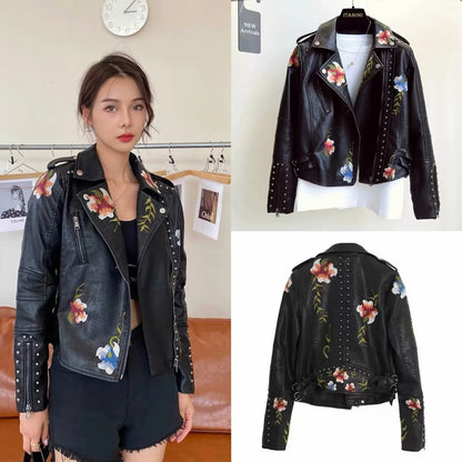Biker jacket in faux leather for women with embroidered floral design and stud embellishments Chic and Style