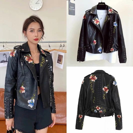 Biker jacket in faux leather for women with embroidered floral design and stud embellishments Chic and Style