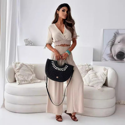 Chic and Style women's cropped smocking top set and wide pants