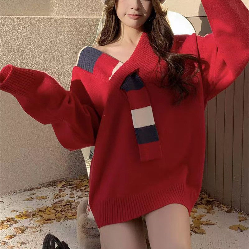 Pull décontracté pour femmes avec col en V texturé et coupe oversized Chic und Stil