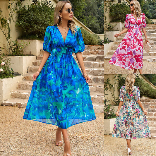 Dames Robe Maxi à Manches Bouffantes Romantique Chic und Stil